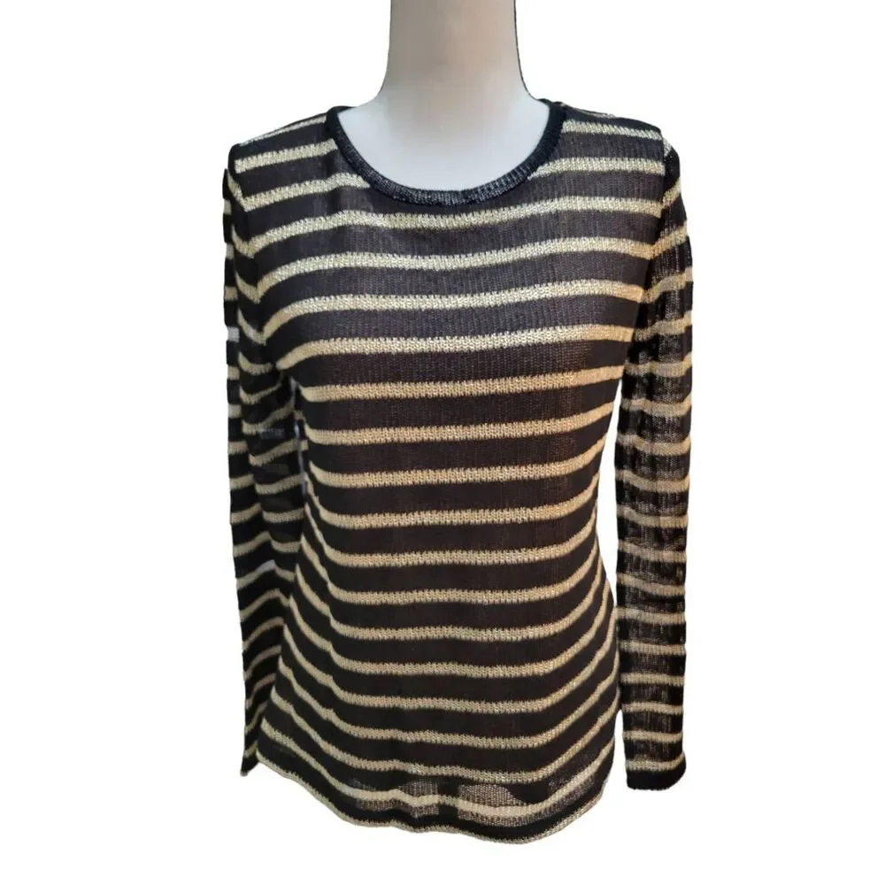 Michael Kors Open Knit Metallic Stripes Gold Black Long Sleeve Top Sz LP New